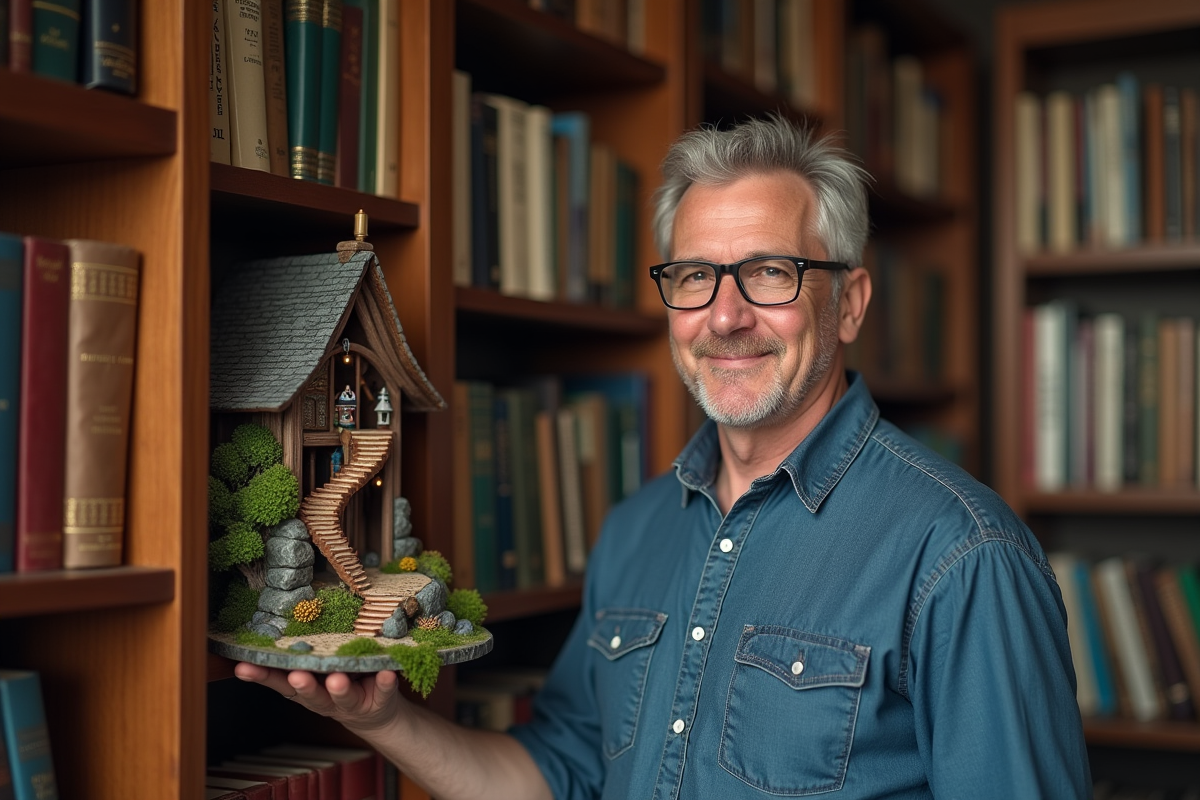 Homme montrant un book nook fantasy dans sa bibliothèque