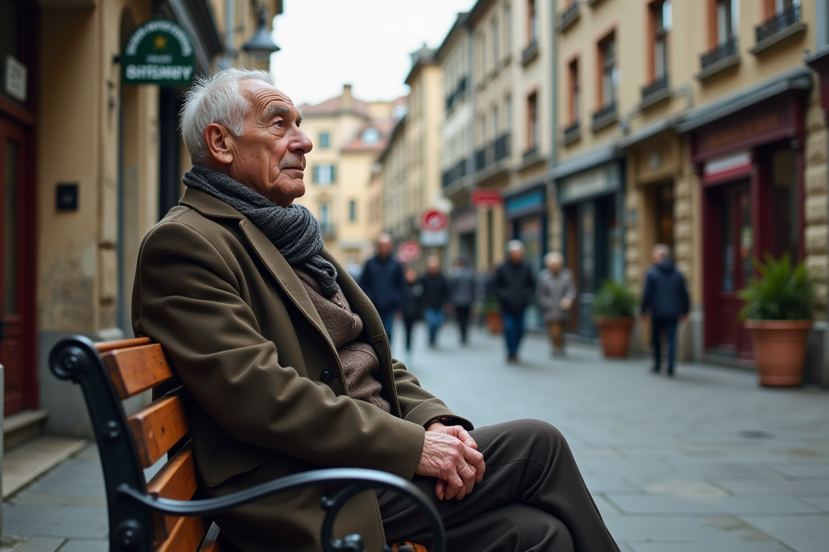 Homme âgé assis dans une place publique urbaine