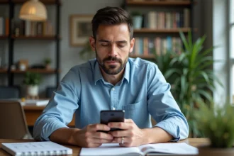 Homme en bureau préparant WhatsApp avec notepad