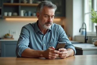 Homme d'âge moyen utilisant son smartphone dans une cuisine moderne