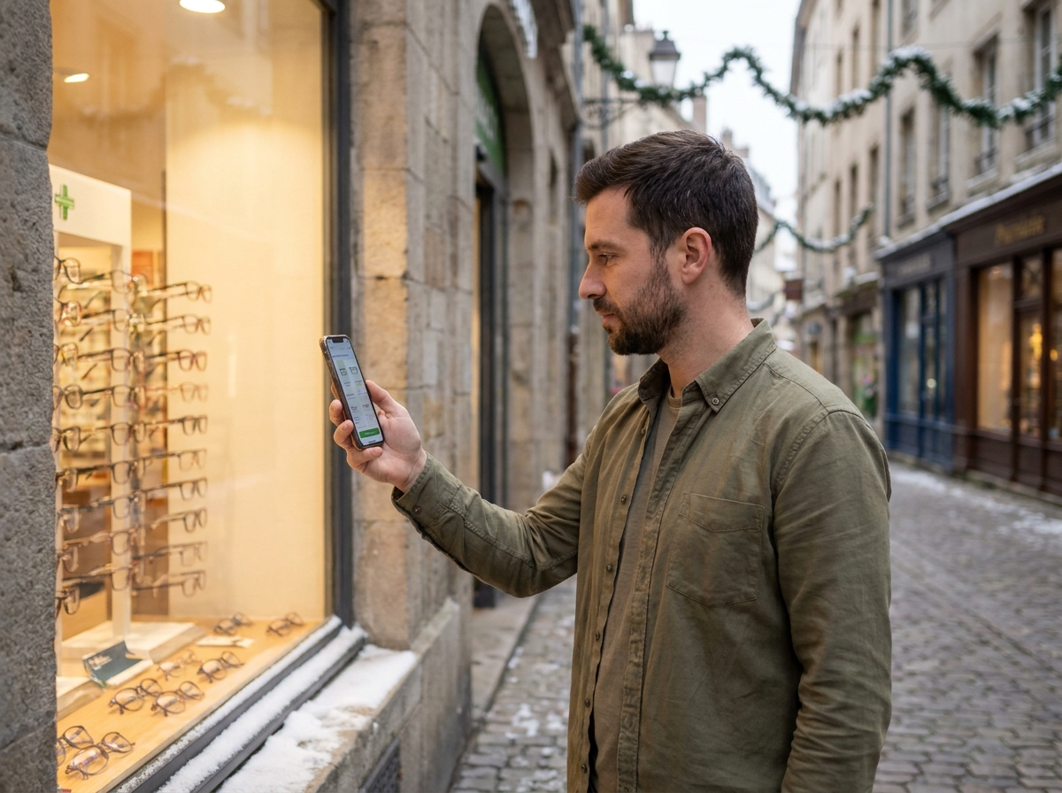 Homme utilisant son smartphone pour comparer des montures de lunettes devant une vitrine d'opticien en hiver
