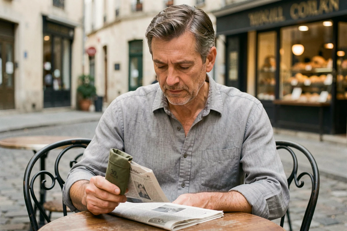 Homme tenant un paquet de tabac à rouler 30g dans un café en terrasse en France, contexte de vie quotidienne et réglementation tabac 2026