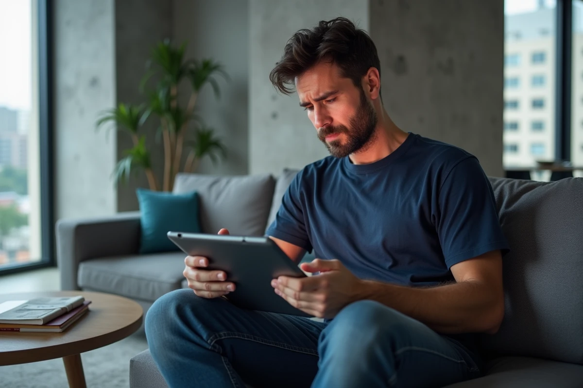 Homme consultant un site de manga scanné sur une tablette avec un message d'avertissement visible, symbolisant les risques juridiques et de sécurité liés à Crunchyscan