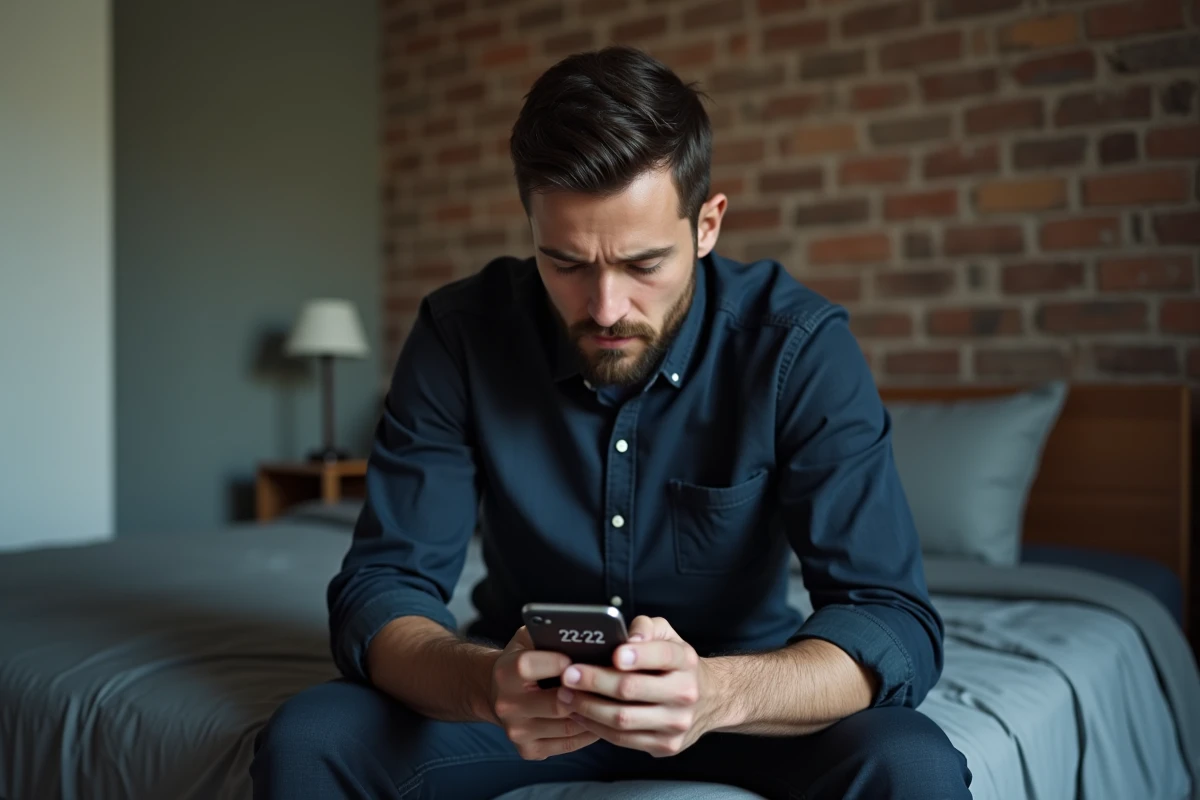 Homme hésitant regardant son téléphone affichant 22h22 dans une chambre minimaliste, symbolisant le doute lié à l'interprétation des heures miroirs