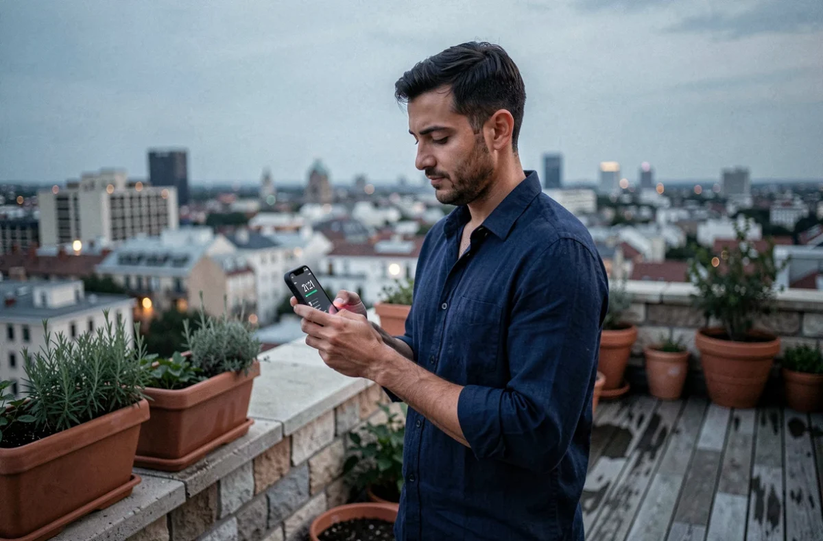 Homme sur un toit urbain regardant son téléphone affichant 21h21, illustration de la symbolique de l'heure miroir dans la vie quotidienne