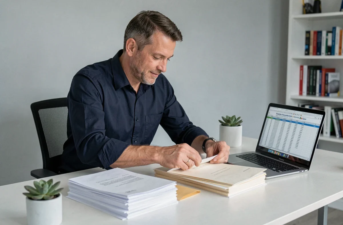 Homme triant des enveloppes de différents formats sur un bureau, guide pratique tarifs postaux lettres 2026