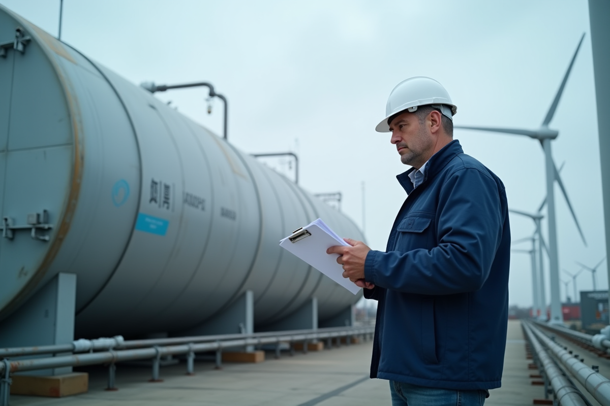 Ingénieur homme devant une grande cuve à hydrogène en extérieur
