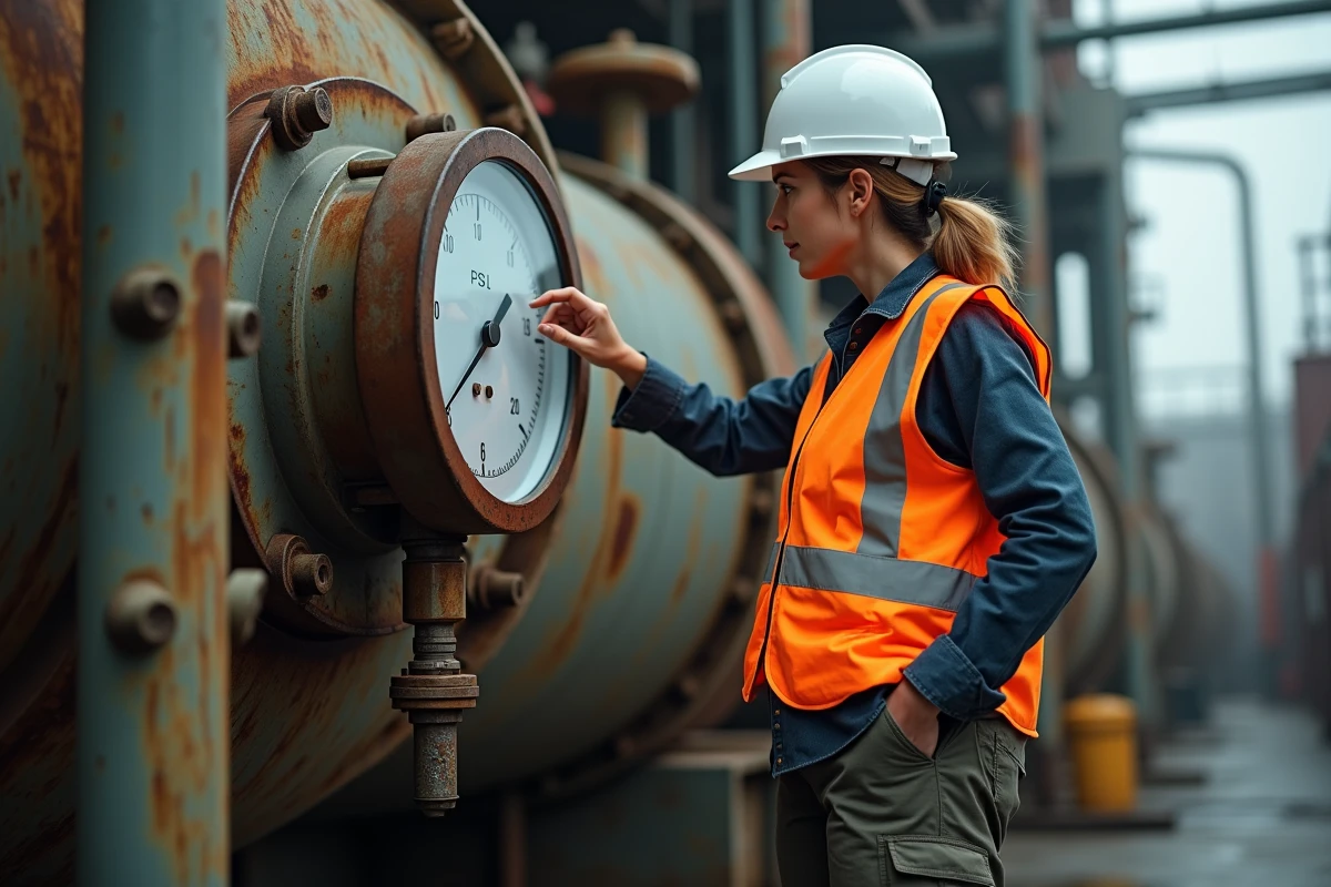 Ingénieure industrielle inspectant un manomètre double échelle PSI et bar sur une installation pétrolière