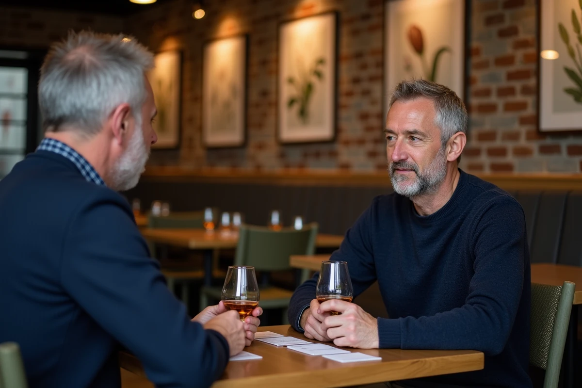 Deux amis dégustant du whisky Johnnie Walker lors d'une initiation dans une salle de dégustation moderne