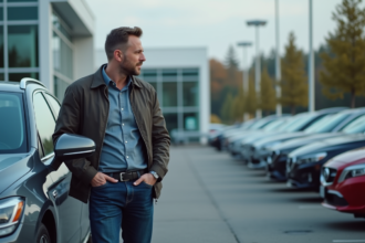 Homme inspectant une voiture d'occasion en concession