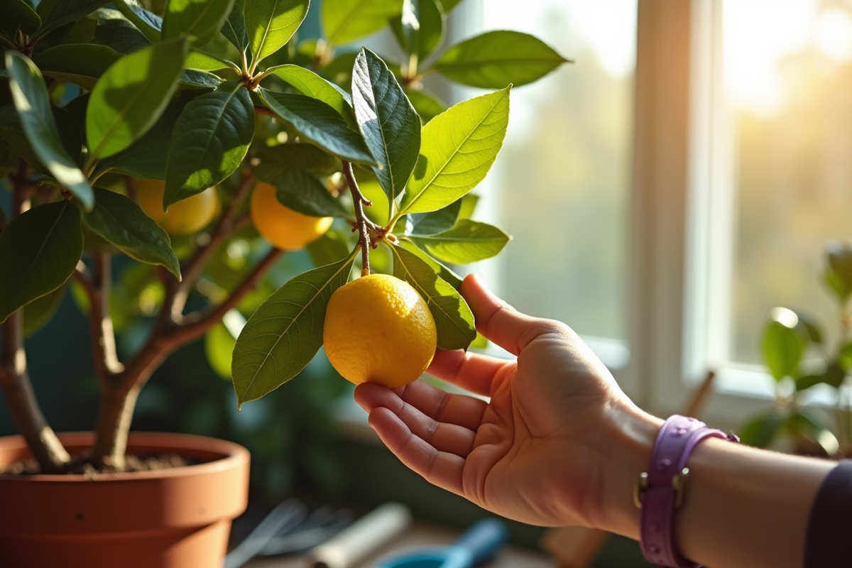 Main inspectant feuilles jaunes d un citronnier en pot dans la lumiere