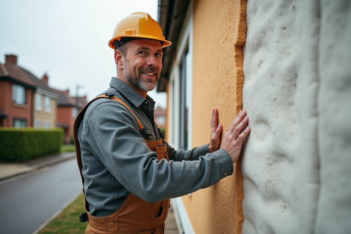 Ouvrier en overalls posant des panneaux d'isolation extérieure