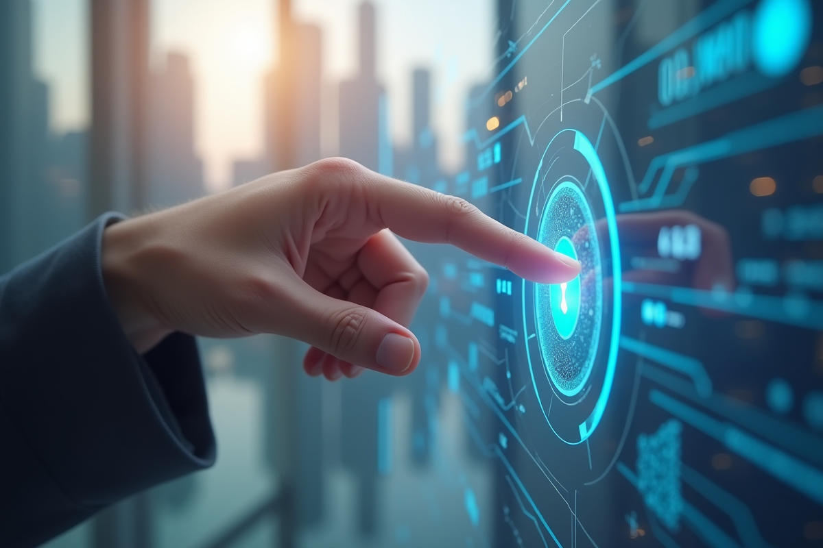 Doigts interagissant avec un écran tactile virtuel dans une ville futuriste