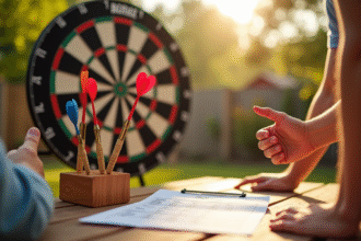 Jeu de dards extérieur en été dans un jardin ensoleille