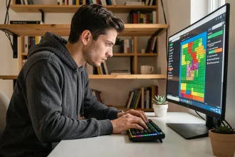 Jeune homme concentré jouant à un jeu de démineur moderne sur un grand écran dans un bureau à domicile contemporain