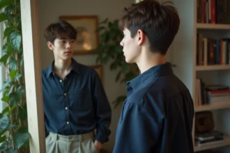 Jeune adulte regardant dans un miroir dans un appartement cosy