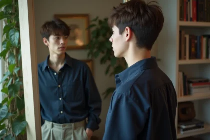 Jeune adulte regardant dans un miroir dans un appartement cosy