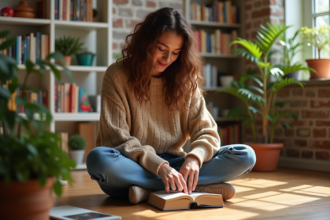 Jeune femme arrangeant un mini book nook dans un salon lumineux