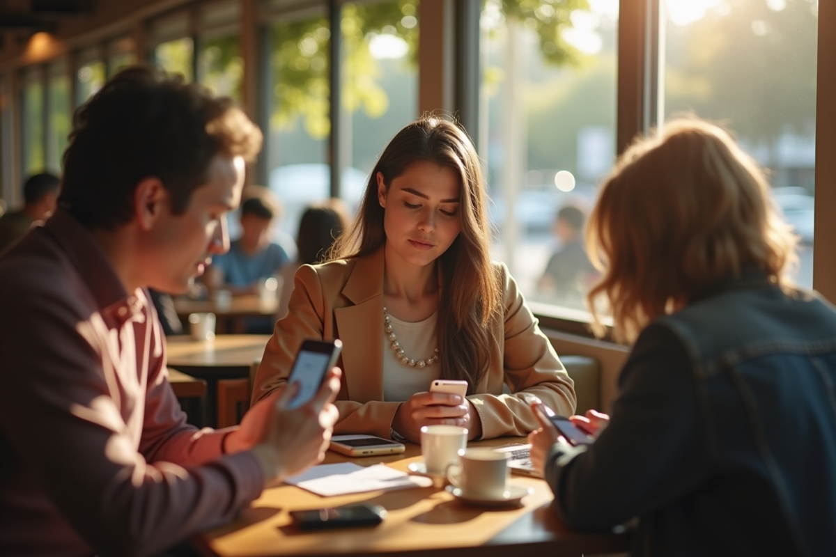 Jeune femme seule au café regarde son smartphone avec inquiétude