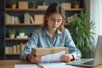 Jeune femme examinant un colis dans un bureau à domicile