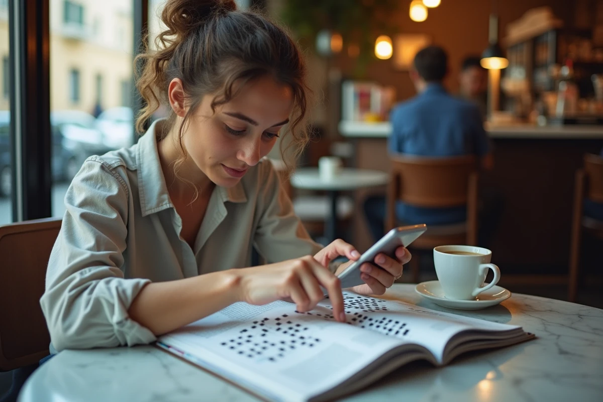 Jeune femme cherchant des réponses de mots fléchés religieux dans un café avec son téléphone