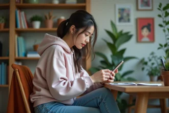 Jeune femme concentrée sur son smartphone dans un bureau cosy