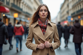 Jeune femme élégante en trench beige dans une ville animée