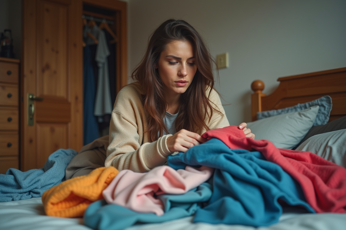 Jeune femme triant des vêtements de mode bon marché sur son lit