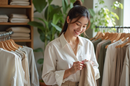 Jeune femme inspectant une étiquette de vêtement dans une boutique écologique