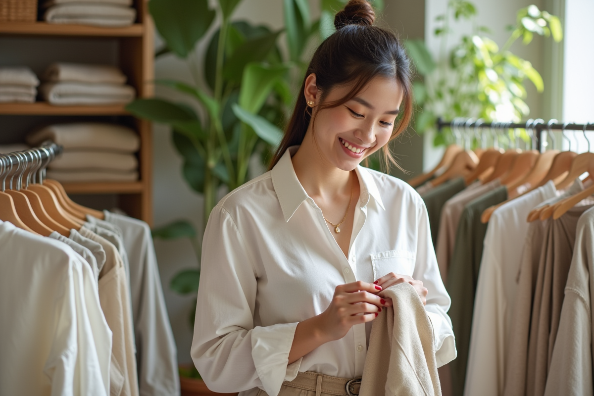 Jeune femme inspectant une étiquette de vêtement dans une boutique écologique