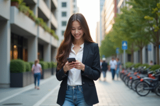 Jeune femme souriante dans la ville en smartcasual