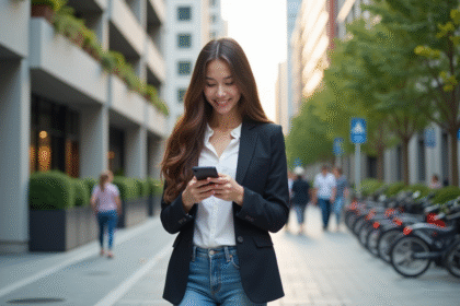 Jeune femme souriante dans la ville en smartcasual