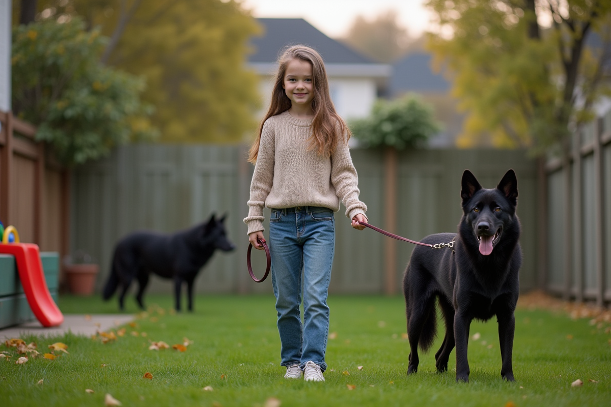 Jeune fille avec un chien en jardin et un loup sauvage