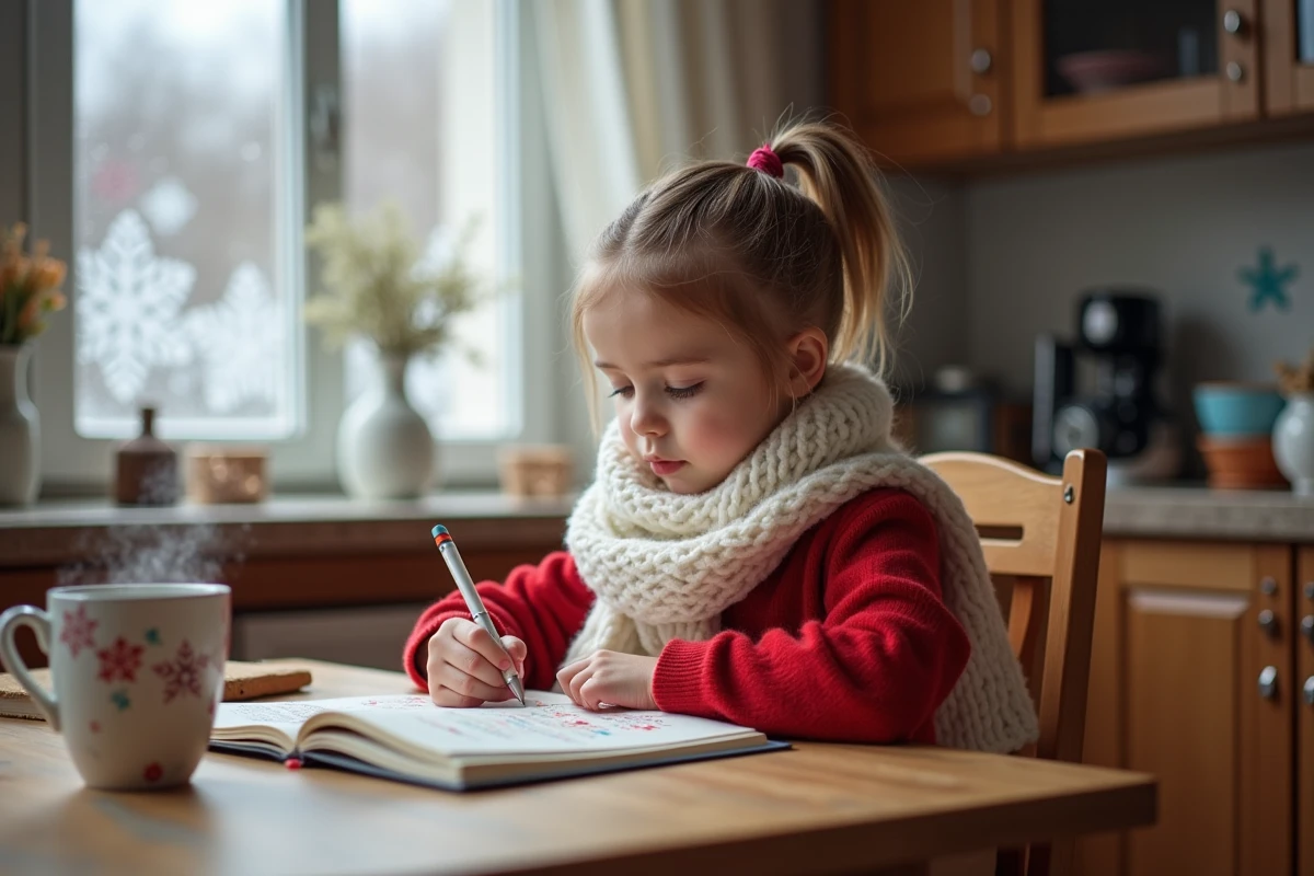 Jeune fille écrivant des rimes d'hiver dans un carnet coloré