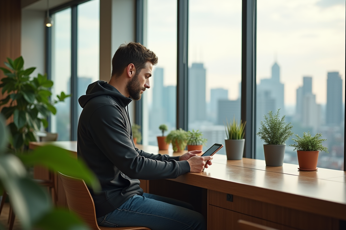 Jeune homme lisant dans un appartement moderne lumineux