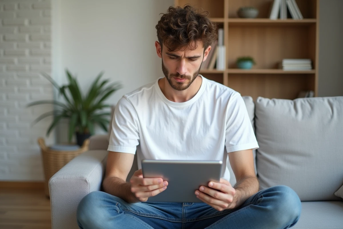 Jeune homme révisant les règles du conditionnel et du futur en français sur une tablette