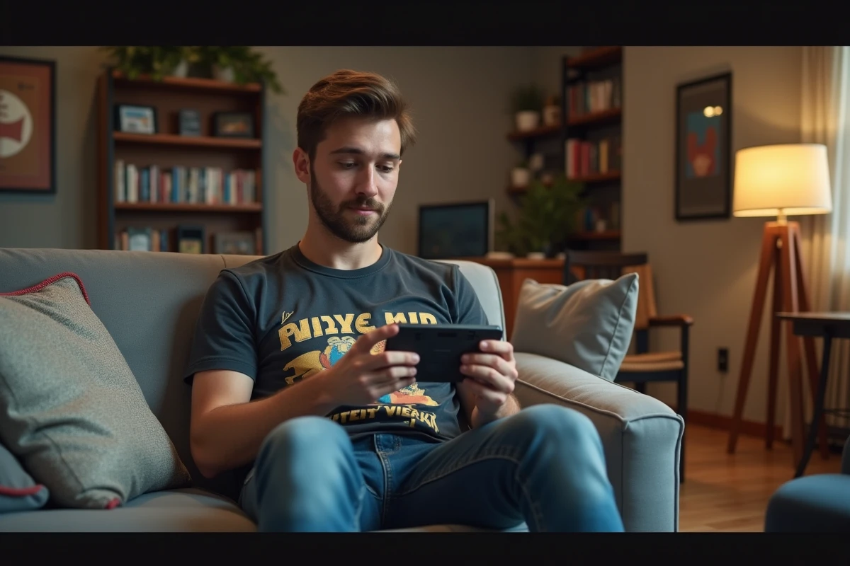 Jeune homme jouant avec une console rétro dans le salon