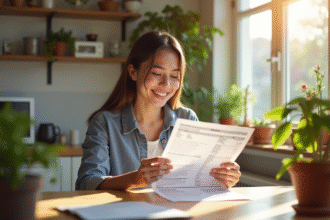 Jeune adulte souriant déchirant un relevé de prêt étudiant dans la cuisine