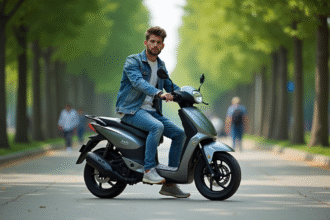 Jeune homme en denim sur un moped dans un parc urbain