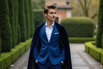 Jeune homme en costume royal dans un jardin de palais