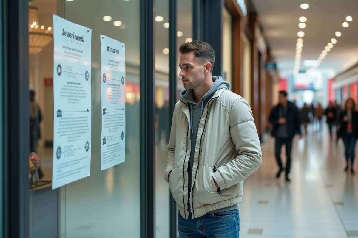Jeune homme regardant une affiche dans une galerie marchande