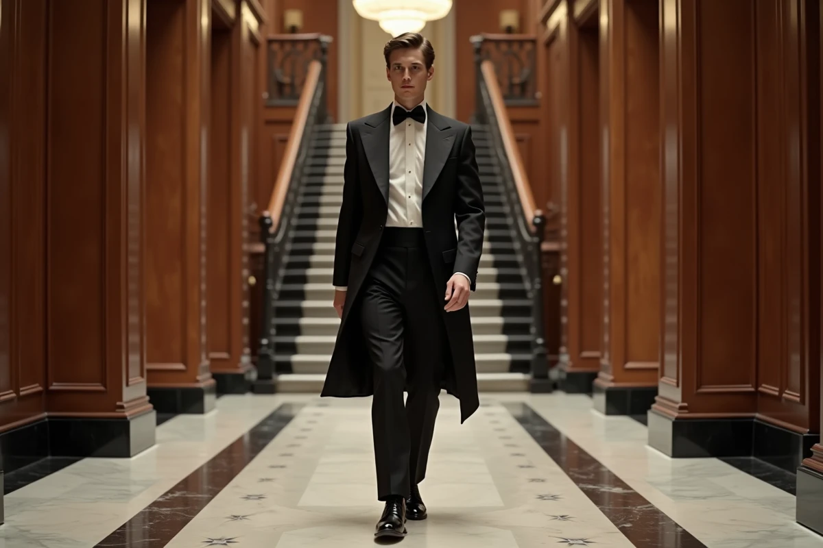 Jeune homme en tailcoat dans un couloir en bois