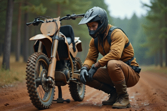 Jeune homme motocross inspectant son pneu arrière