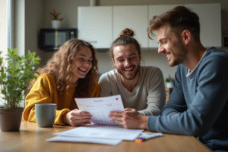 Trois jeunes adultes dans une cuisine moderne rient en regardant leur facture d'électricité