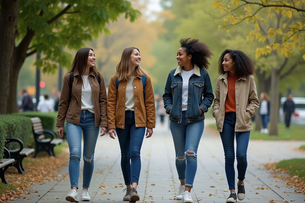 Jeunes et parent se promenant dans un parc urbain en souriant