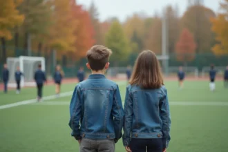 Jeune garçon et fille en tenue casual sur un terrain de sport en automne