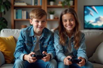 Adolescents jouant à un jeu vidéo en coop dans un salon