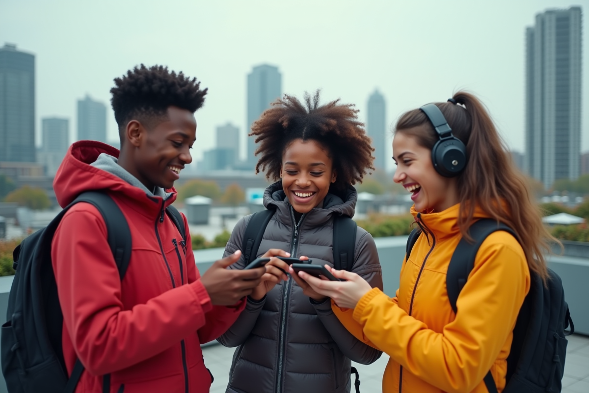 Trois adolescents testant des gadgets technologiques en rooftop