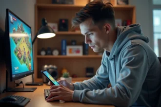 Joueur de Clash of Clans concentré sur son smartphone en train de planifier une composition d'attaque pour HDV 12