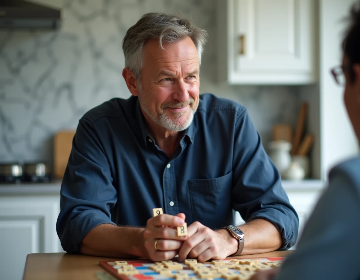 Homme consultant discrètement ses lettres de Scrabble avec une expression stratégique et malicieuse